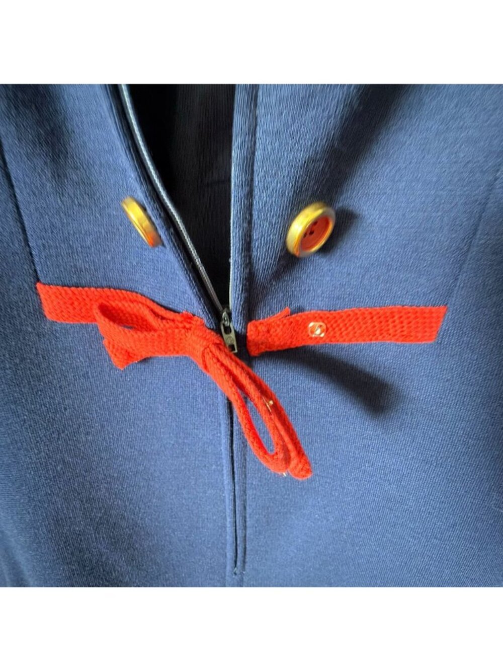 Vintage Rona Coat Dress Medium Worsted Wool Acetate Navy Blue w Red Trim As Is - Picture 7 of 16